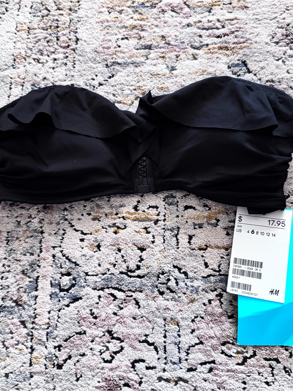 NWT H&M Black Ruffle Zip Bandeau Bikini Top XS